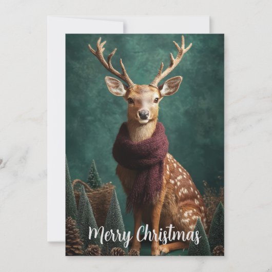 Feestelijk hert met rode sjaal Kerstkunst Feestdagenkaart (Voorkant)
