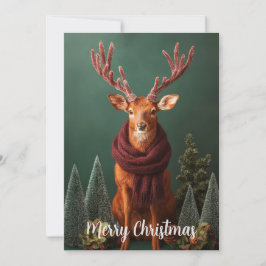 Feestelijk hert met rode sjaal Kerstkunst Feestdagenkaart