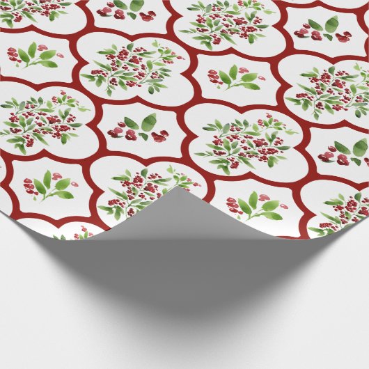 Feestelijk Holly en rood Quatrefoil Patroon Cadeaupapier (Hoek)