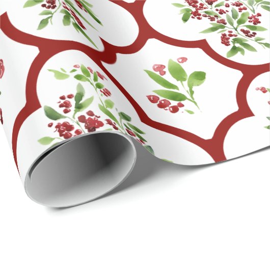Feestelijk Holly en rood Quatrefoil Patroon Cadeaupapier (Rol Hoek)