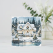  Feestelijk Huis op een Frozen Lake Christmas Feestdagenkaart (Staand voorkant)