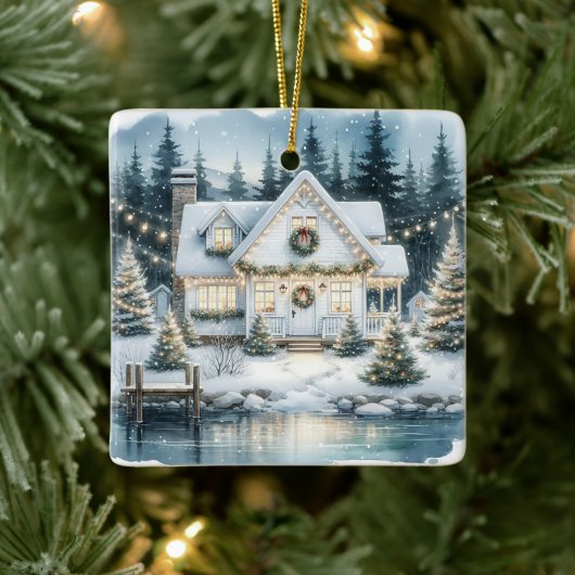 Feestelijk Huis op een Frozen Lake Christmas Keramisch Ornament (Boom)