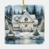 Feestelijk Huis op een Frozen Lake Christmas Keramisch Ornament (Voorkant)
