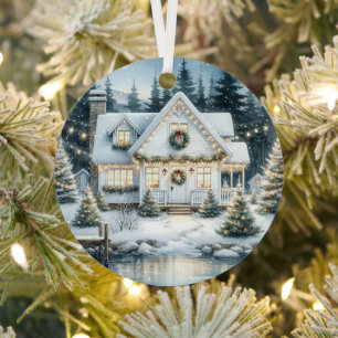 Feestelijk Huis op een Frozen Lake Christmas Metalen Ornament