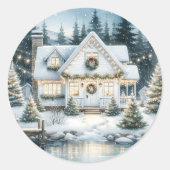  Feestelijk Huis op een Frozen Lake Christmas Ronde Sticker (Voorkant)