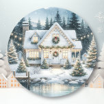 Feestelijk Huis op een Frozen Lake Christmas Ronde Sticker<br><div class="desc">Kerst stickers of envelopafdichtingen.  wit huis versierd met kerstverlichting,  kransen en slinger op een bevroren meer.</div>