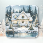 Feestelijk Huis op een Frozen Lake Christmas Vierkante Sticker<br><div class="desc">Kerst stickers of envelopafdichtingen.  wit huis versierd met kerstverlichting,  kransen en slinger op een bevroren meer.</div>