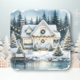  Feestelijk Huis op een Frozen Lake Christmas Vierkante Sticker