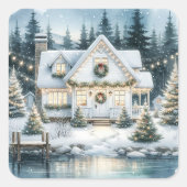  Feestelijk Huis op een Frozen Lake Christmas Vierkante Sticker (Voorkant)