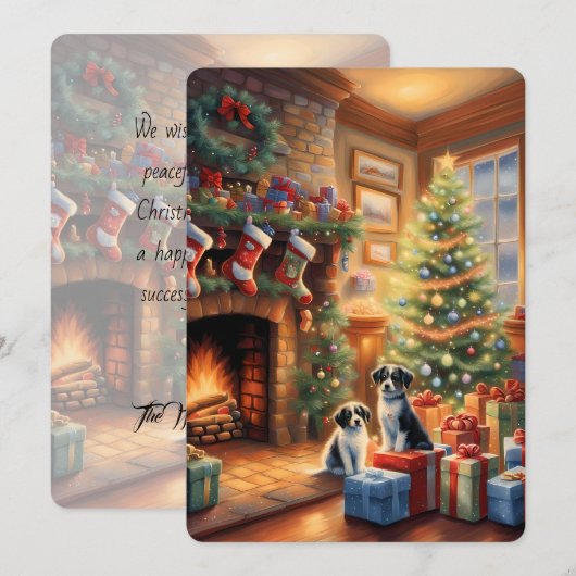 Feestelijk ingerichte kamer, open haard, honden, v (Voorkant / Achterkant)