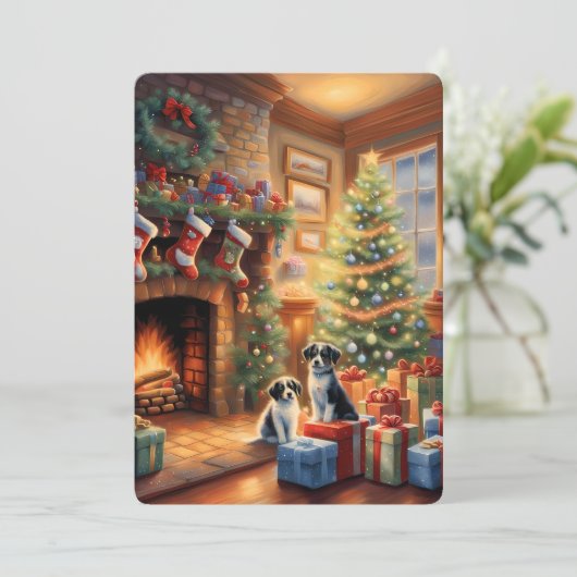 Feestelijk ingerichte kamer, open haard, honden, v (Staand voorkant)