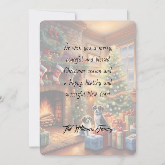 Feestelijk ingerichte kamer, open haard, honden, v (Achterkant)