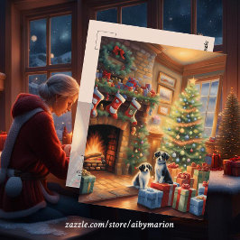 Feestelijk ingerichte kamer, open haard, honden, v briefkaart