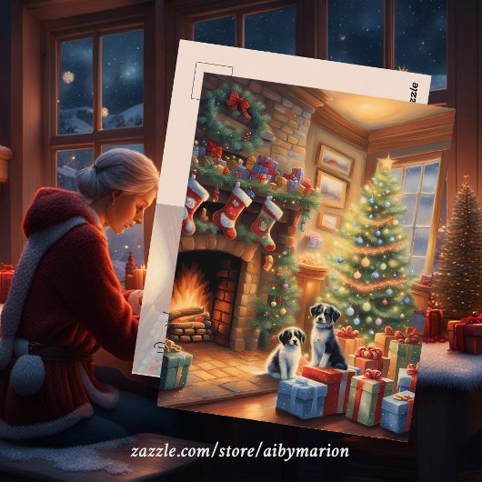 Feestelijk ingerichte kamer, open haard, honden, v briefkaart