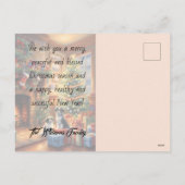 Feestelijk ingerichte kamer, open haard, honden, v feestdagenkaart (Achterkant)