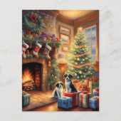 Feestelijk ingerichte kamer, open haard, honden, v feestdagenkaart (Voorkant)