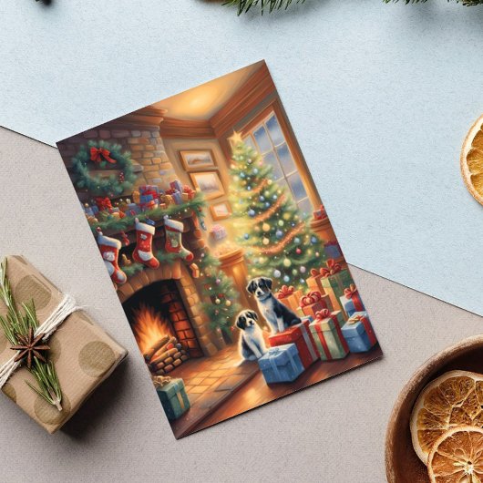 Feestelijk ingerichte kamer, open haard, honden, v feestdagenkaart