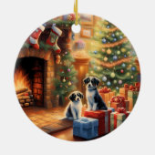 Feestelijk ingerichte kamer, open haard, honden, v keramisch ornament (Achterkant)