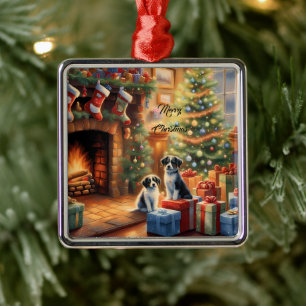Feestelijk ingerichte kamer, open haard, honden, v metalen ornament