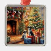 Feestelijk ingerichte kamer, open haard, honden, v metalen ornament (Voorkant)