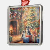 Feestelijk ingerichte kamer, open haard, honden, v metalen ornament (Links)