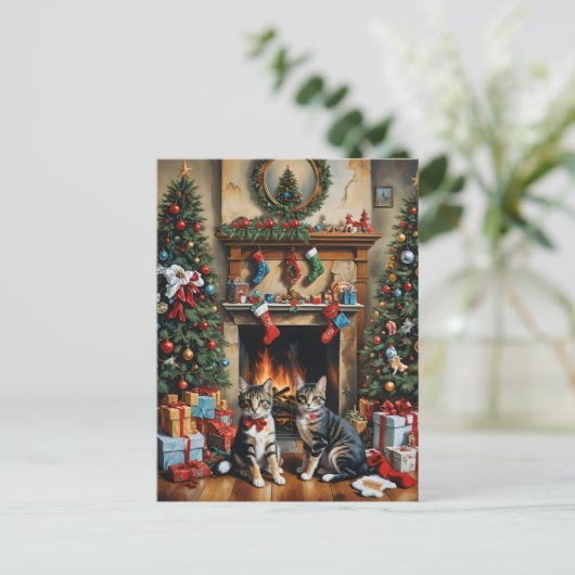 Feestelijk ingerichte kamer, open haard, poezen, v briefkaart (Staand voorkant)