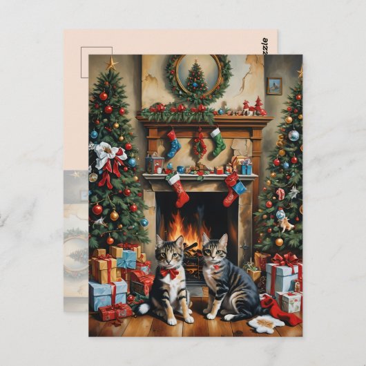 Feestelijk ingerichte kamer, open haard, poezen, v briefkaart (Voorkant / Achterkant)