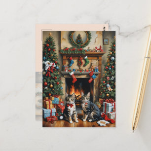 Feestelijk ingerichte kamer, open haard, poezen, v briefkaart
