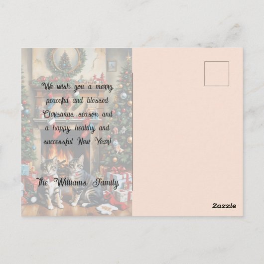 Feestelijk ingerichte kamer, open haard, poezen, v briefkaart (Achterkant)