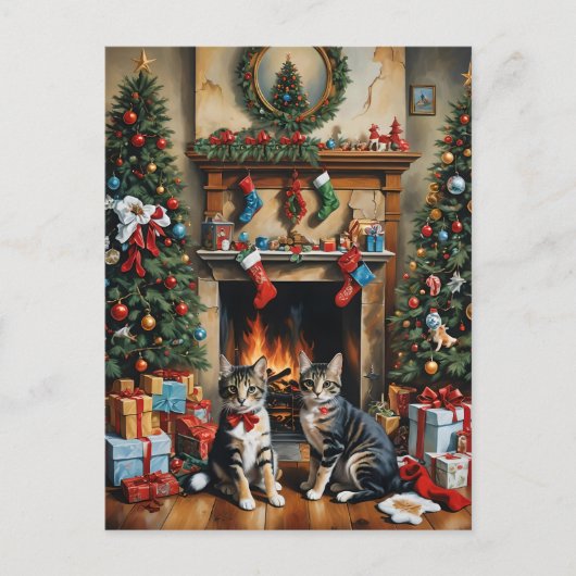 Feestelijk ingerichte kamer, open haard, poezen, v briefkaart (Voorkant)