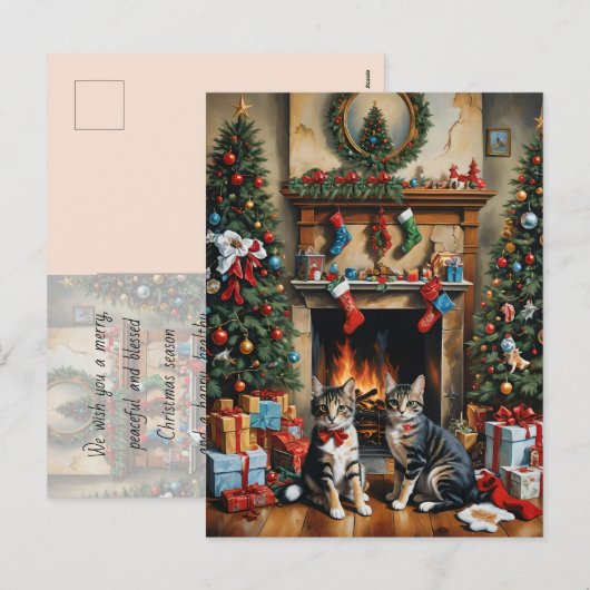 Feestelijk ingerichte kamer, open haard, poezen, v feestdagenkaart (Voorkant / Achterkant)