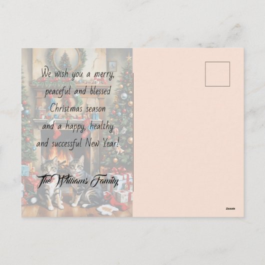 Feestelijk ingerichte kamer, open haard, poezen, v feestdagenkaart (Achterkant)