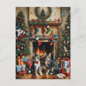 Feestelijk ingerichte kamer, open haard, poezen, v feestdagenkaart (Voorkant)