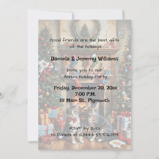 Feestelijk ingerichte kamer, open haard, poezen, v kaart (Achterkant)