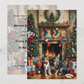 Feestelijk ingerichte kamer, open haard, poezen, v kaart (Voorkant / Achterkant)