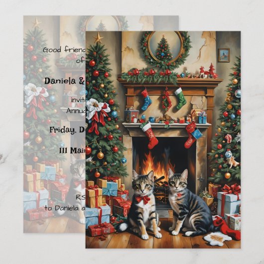 Feestelijk ingerichte kamer, open haard, poezen, v kaart (Voorkant / Achterkant)