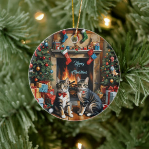 Feestelijk ingerichte kamer, open haard, poezen, v keramisch ornament