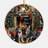 Feestelijk ingerichte kamer, open haard, poezen, v keramisch ornament (Voorkant)