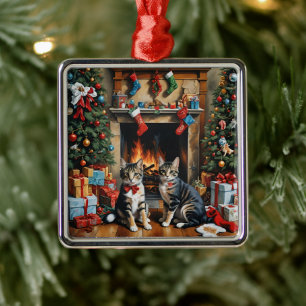 Feestelijk ingerichte kamer, open haard, poezen, v metalen ornament