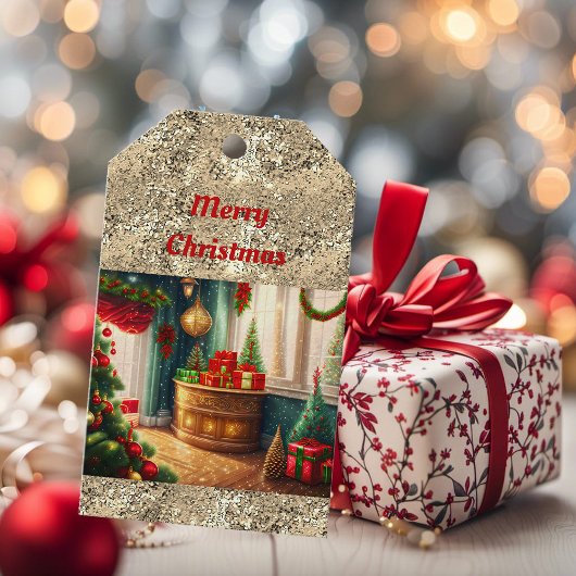 Feestelijk ingerichte kamer, traditionele kerst cadeaulabel