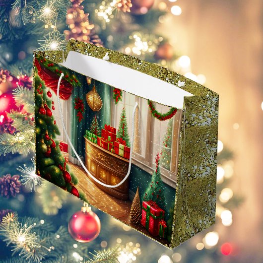 Feestelijk ingerichte kamer, traditionele kerst groot cadeauzakje