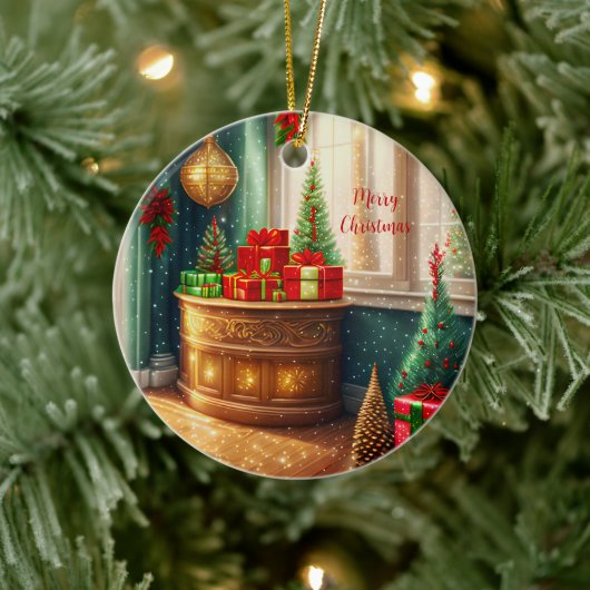 Feestelijk ingerichte kamer, traditionele kerst keramisch ornament (Boom)