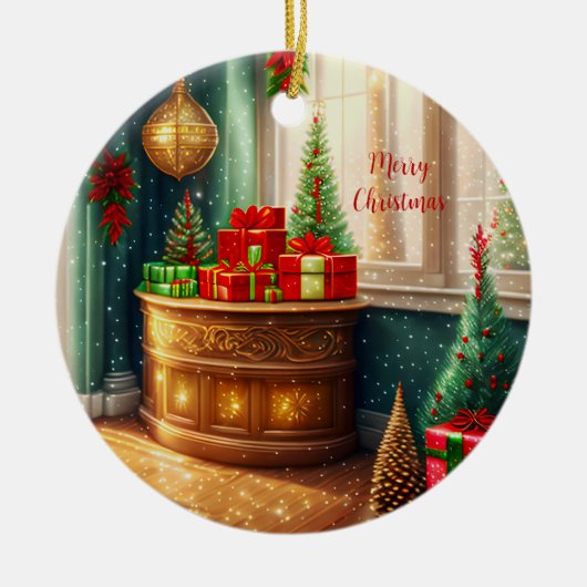 Feestelijk ingerichte kamer, traditionele kerst keramisch ornament (Voorkant)