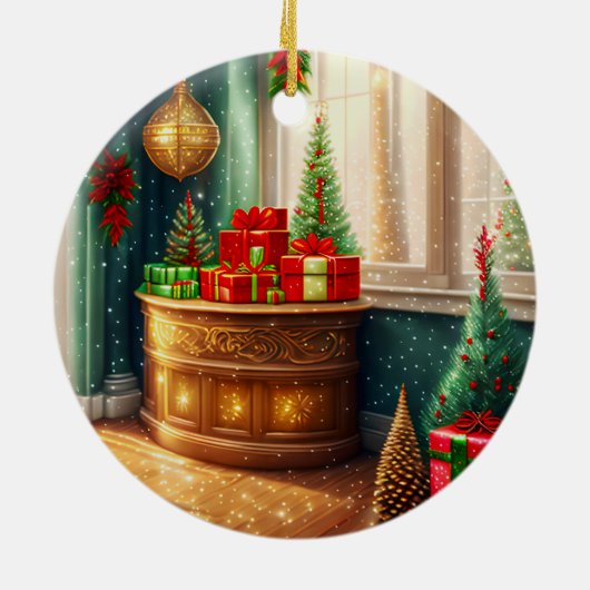 Feestelijk ingerichte kamer, traditionele kerst keramisch ornament (Achterkant)