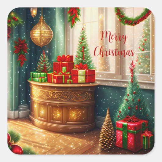 Feestelijk ingerichte kamer, traditionele kerst vierkante sticker (Voorkant)