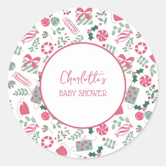 Feestelijk Kerst Baby shower Ronde Sticker (Voorkant)