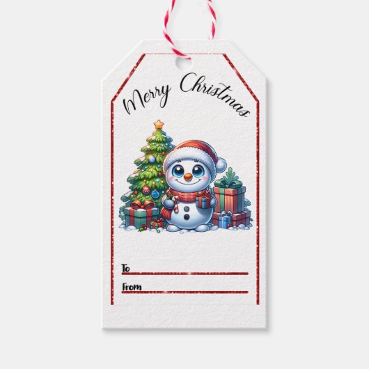 Feestelijk kerst label met een vrolijke sneeuwman cadeaulabel (Voorkant)