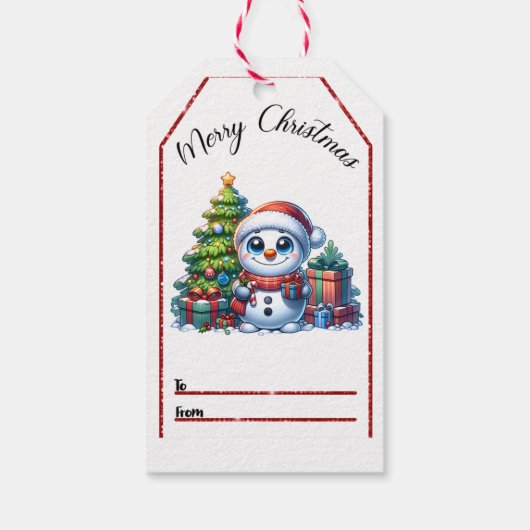 Feestelijk kerst label met een vrolijke sneeuwman cadeaulabel (Achterkant)