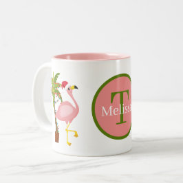 Feestelijk Kerst roze flamingo monogram Tweekleurige Koffiemok