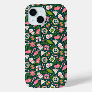 Feestelijk kerst-winterpatroon in groen iPhone 15 case